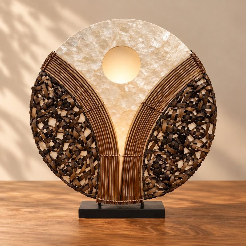 Lámpara circular de concha y madera
